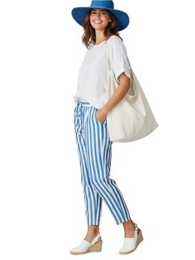 Hatley 100% Linen Beach Pants Blue White Vertical Stripes Pull On Sz M NWOT